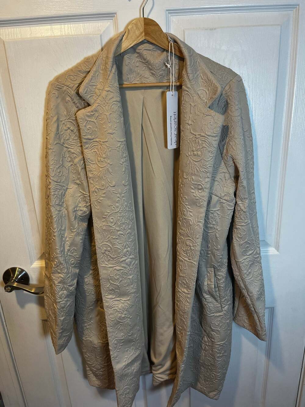 Dear Scarlet open knit blazer in oatmeal with embossed texture.